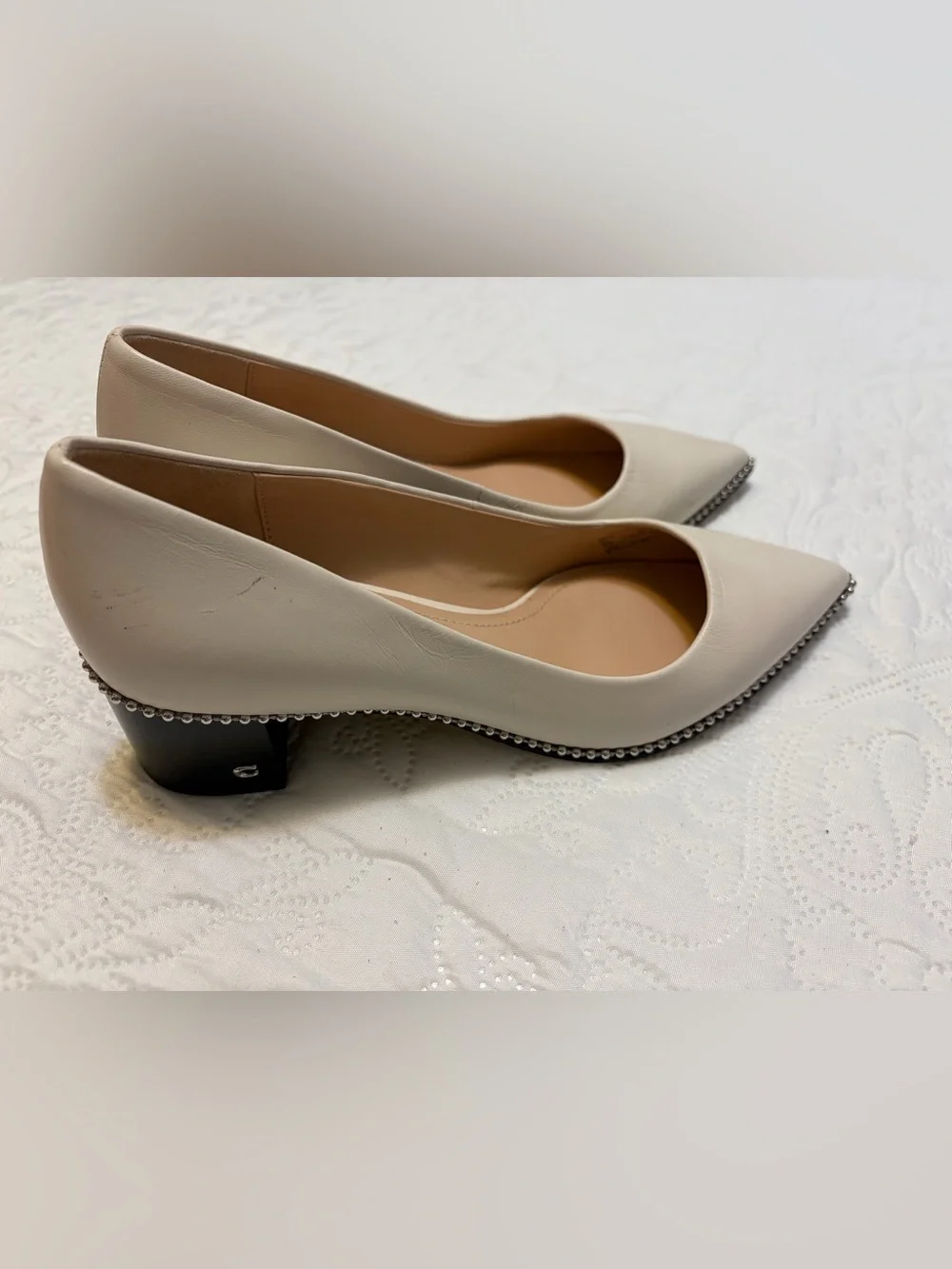 Coach Villa Pumps Ivory Pointed-Toe Low Block Heel with Silver Bead Trim
